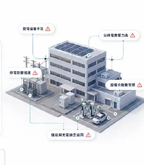 建築物、充電設備、儲能與配電設備分散運作的問題示意